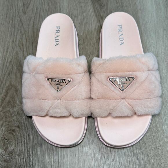 Prada Shearling Slides Orchid Pink Size 40.5 – Fuzzy Designer Sandals - Picture 1 of 8
